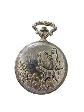 Churchil Pocket Watch Silver Antique Hunting Scene Engraving Roman Numerals